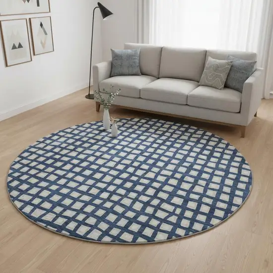8' Blue And Ivory Geometric Washable Round Rug With UV Protection Photo 2
