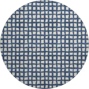 Photo of 8' Blue And Ivory Geometric Washable Round Rug With UV Protection
