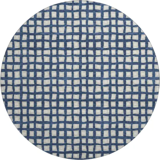8' Blue And Ivory Geometric Washable Round Rug With UV Protection Photo 1