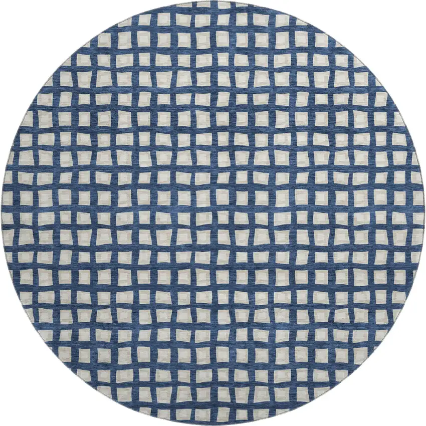 8' Blue And Ivory Geometric Washable Round Rug With UV Protection Photo 1