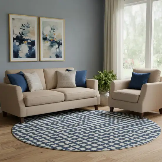 8' Blue And Ivory Geometric Washable Round Rug With UV Protection Photo 1