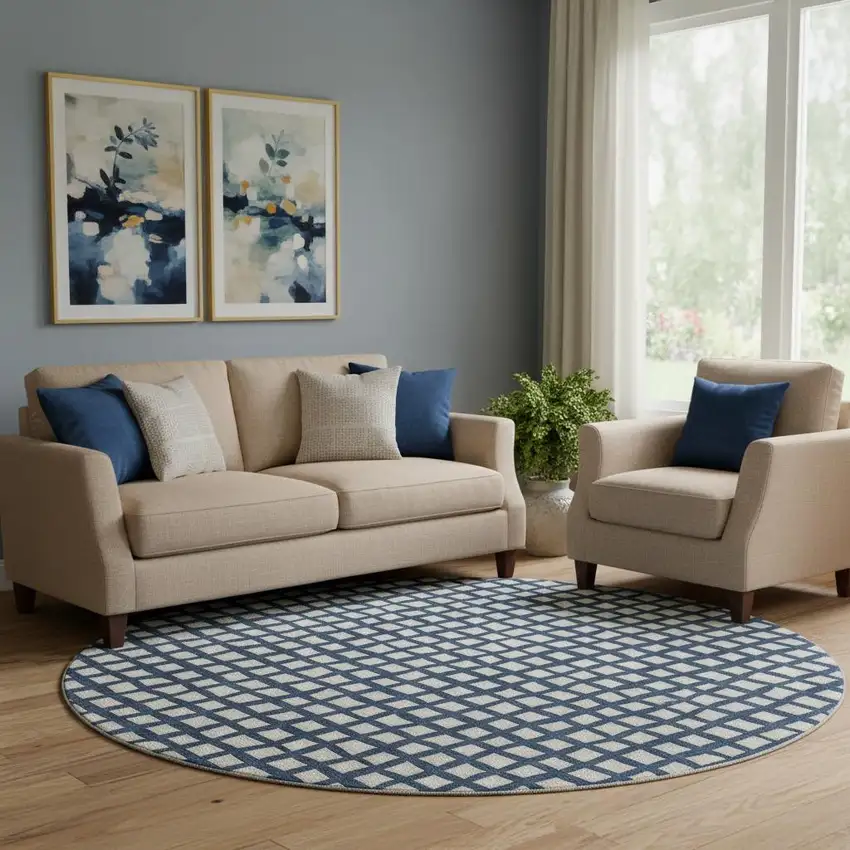 8' Blue And Ivory Geometric Washable Round Rug With UV Protection Photo 1