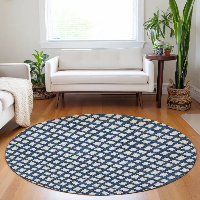 8' Blue And Ivory Geometric Washable Round Rug With UV Protection Photo 5