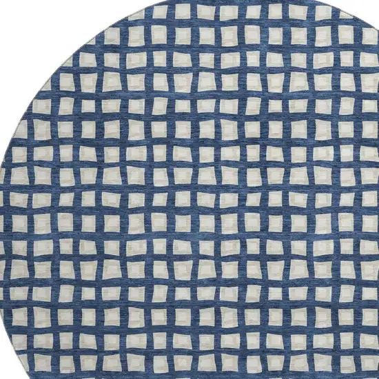 8' Blue And Ivory Geometric Washable Round Rug With UV Protection Photo 3