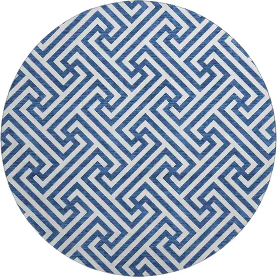8' Blue And Ivory Geometric Washable Round Rug With UV Protection Photo 1