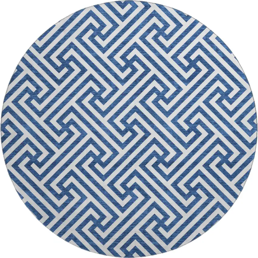 8' Blue And Ivory Geometric Washable Round Rug With UV Protection Photo 1