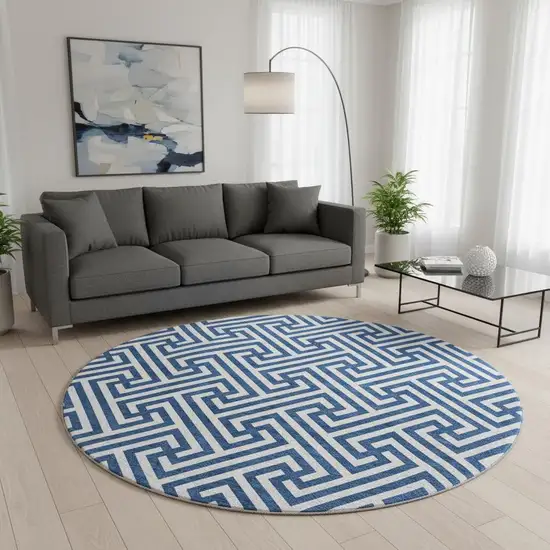 8' Blue And Ivory Geometric Washable Round Rug With UV Protection Photo 2