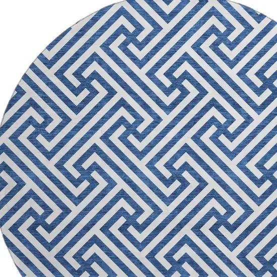 8' Blue And Ivory Geometric Washable Round Rug With UV Protection Photo 3