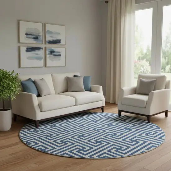 8' Blue And Ivory Geometric Washable Round Rug With UV Protection Photo 1