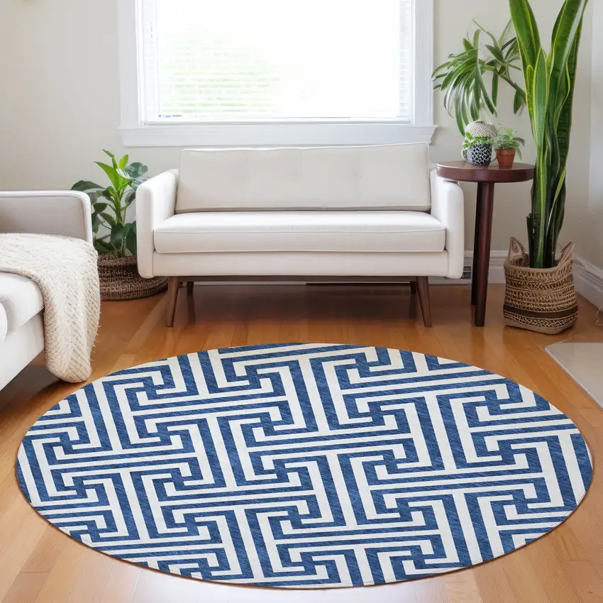 8' Blue And Ivory Geometric Washable Round Rug With UV Protection Photo 5