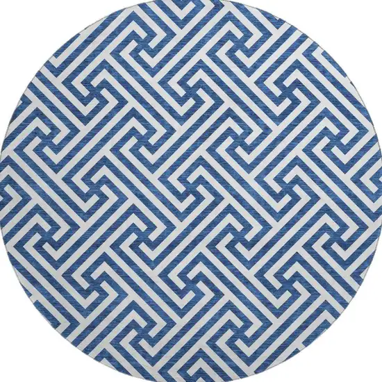 8' Blue And Ivory Geometric Washable Round Rug With UV Protection Photo 4