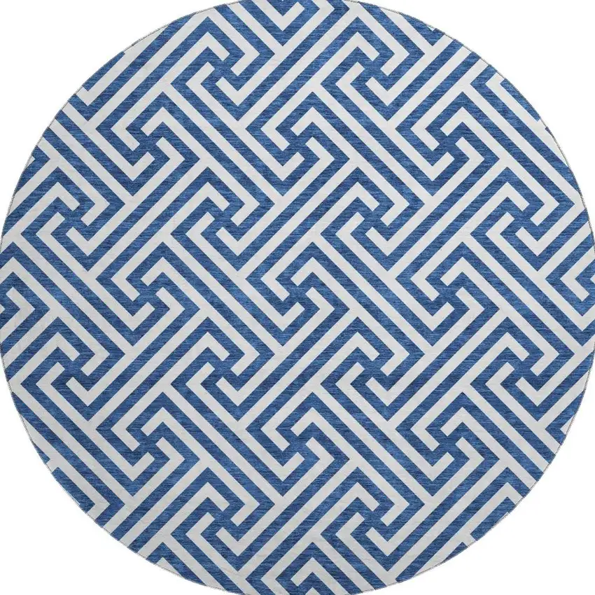 8' Blue And Ivory Geometric Washable Round Rug With UV Protection Photo 4