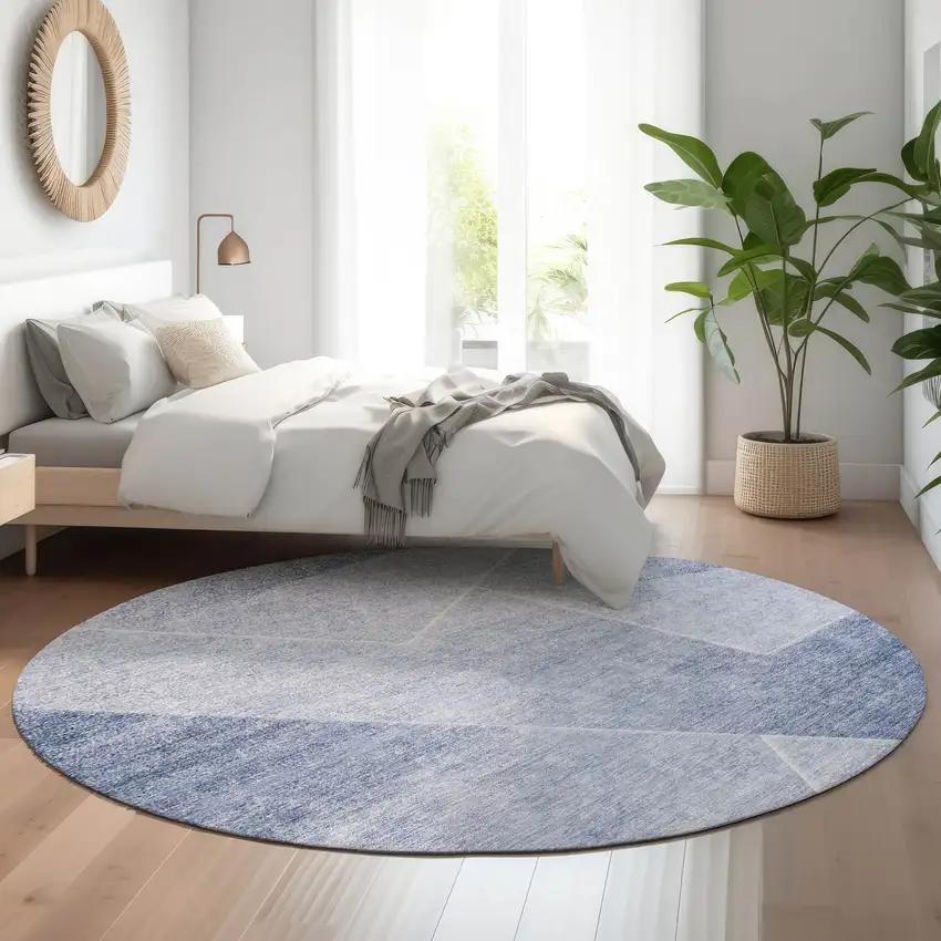 8' Blue And Ivory Geometric Washable Round Rug With UV Protection Photo 5