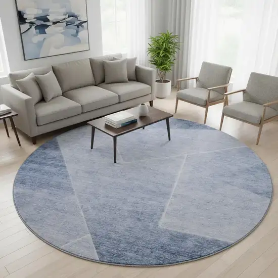 8' Blue And Ivory Geometric Washable Round Rug With UV Protection Photo 2