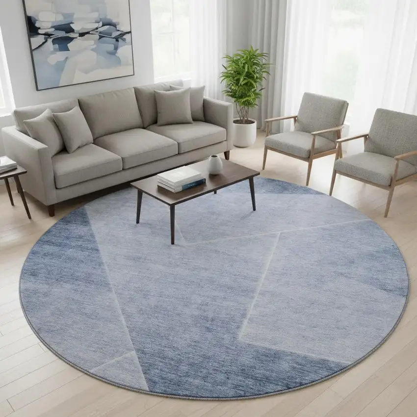 8' Blue And Ivory Geometric Washable Round Rug With UV Protection Photo 2