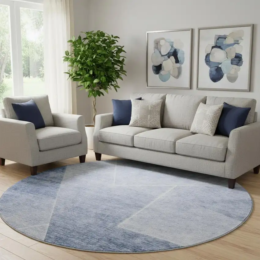8' Blue And Ivory Geometric Washable Round Rug With UV Protection Photo 1