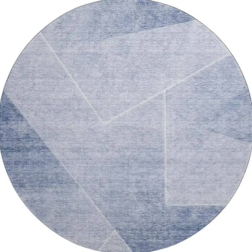 8' Blue And Ivory Geometric Washable Round Rug With UV Protection Photo 3