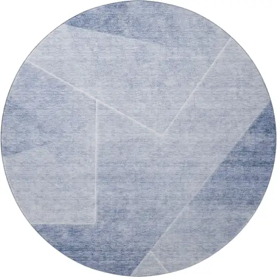 8' Blue And Ivory Geometric Washable Round Rug With UV Protection Photo 4