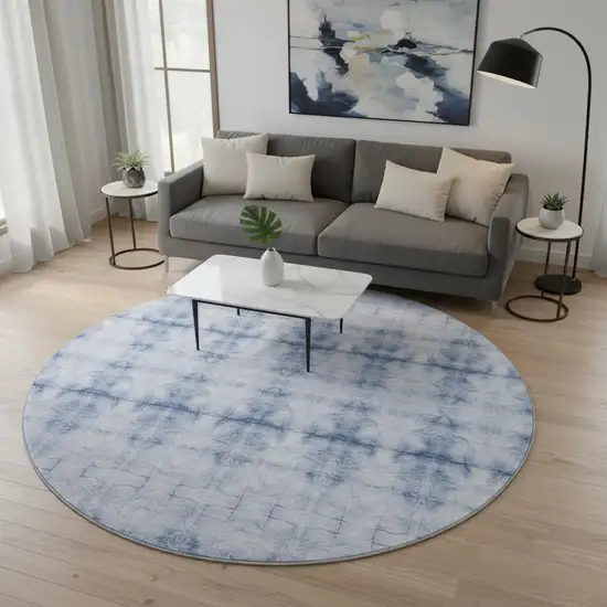 8' Blue And Ivory Geometric Washable Round Rug With UV Protection Photo 2