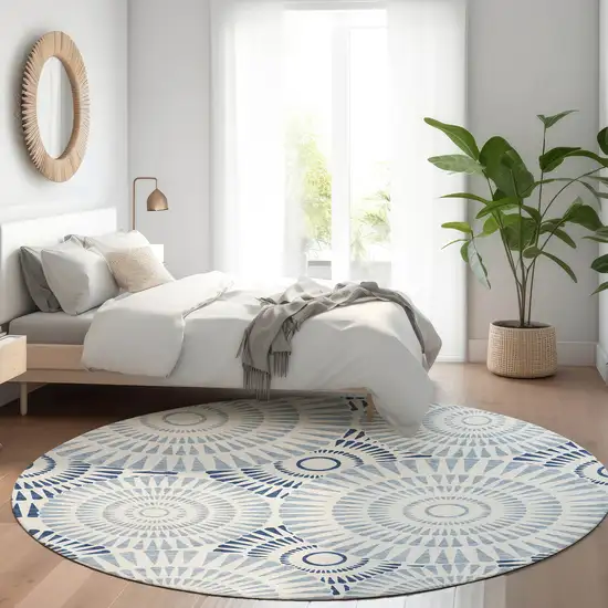 8' Blue And Ivory Geometric Washable Round Rug With UV Protection Photo 5