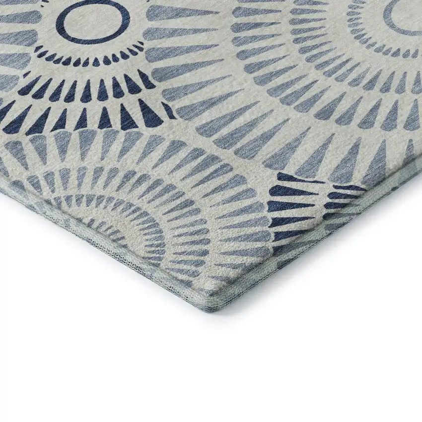 8' Blue And Ivory Geometric Washable Round Rug With UV Protection Photo 7