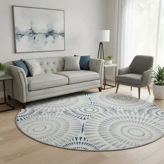 8' Blue And Ivory Geometric Washable Round Rug With UV Protection Photo 2