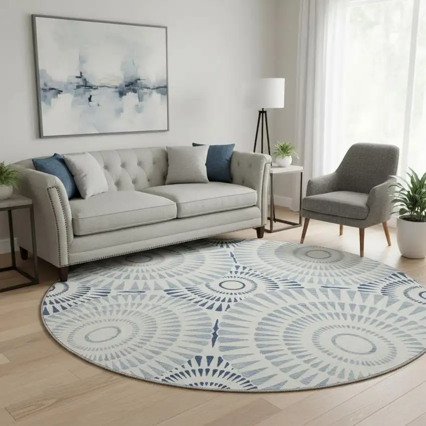 8' Blue And Ivory Geometric Washable Round Rug With UV Protection Photo 2