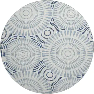 Photo of 8' Blue And Ivory Geometric Washable Round Rug With UV Protection