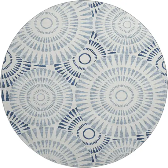 8' Blue And Ivory Geometric Washable Round Rug With UV Protection Photo 1