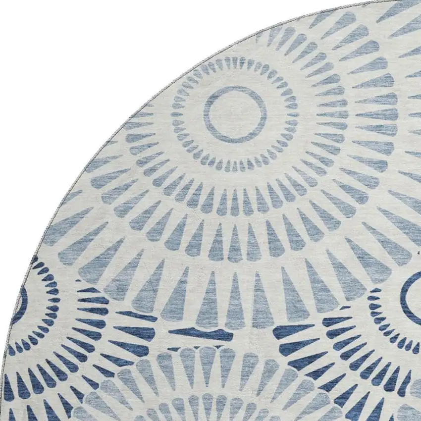 8' Blue And Ivory Geometric Washable Round Rug With UV Protection Photo 4