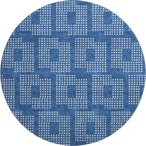 Photo of 8' Blue And Ivory Geometric Washable Round Rug With UV Protection