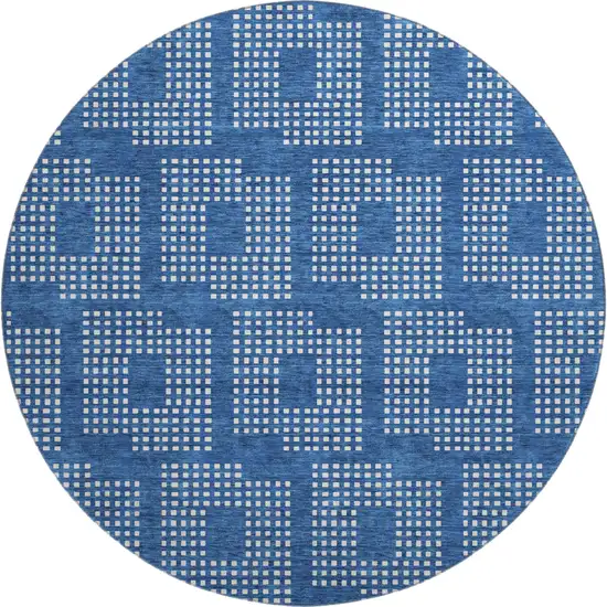 8' Blue And Ivory Geometric Washable Round Rug With UV Protection Photo 1