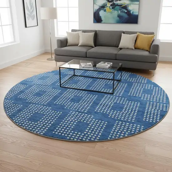 8' Blue And Ivory Geometric Washable Round Rug With UV Protection Photo 2