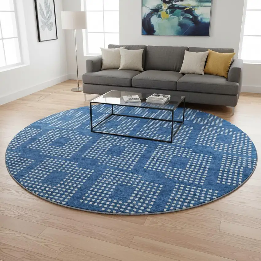 8' Blue And Ivory Geometric Washable Round Rug With UV Protection Photo 2