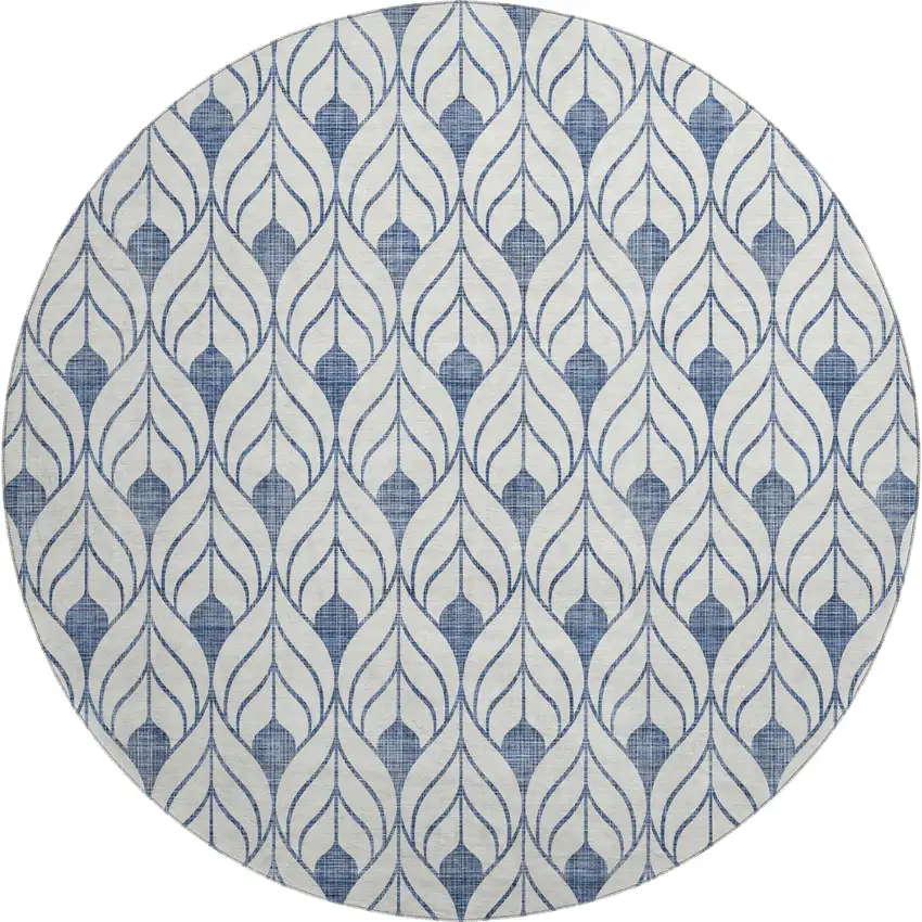 8' Blue And Ivory Geometric Washable Round Rug With UV Protection Photo 1