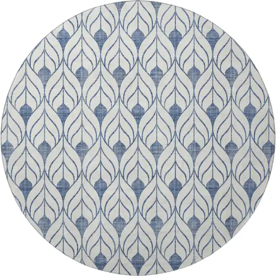 8' Blue And Ivory Geometric Washable Round Rug With UV Protection Photo 3