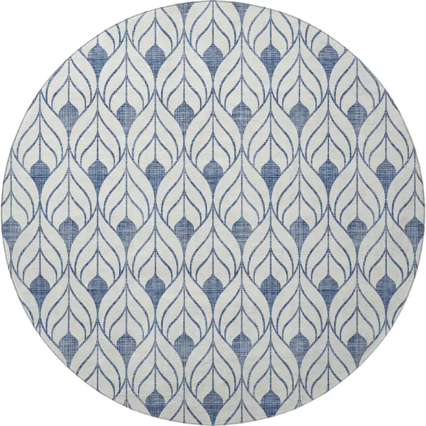 8' Blue And Ivory Geometric Washable Round Rug With UV Protection Photo 3