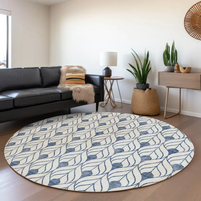 8' Blue And Ivory Geometric Washable Round Rug With UV Protection Photo 4