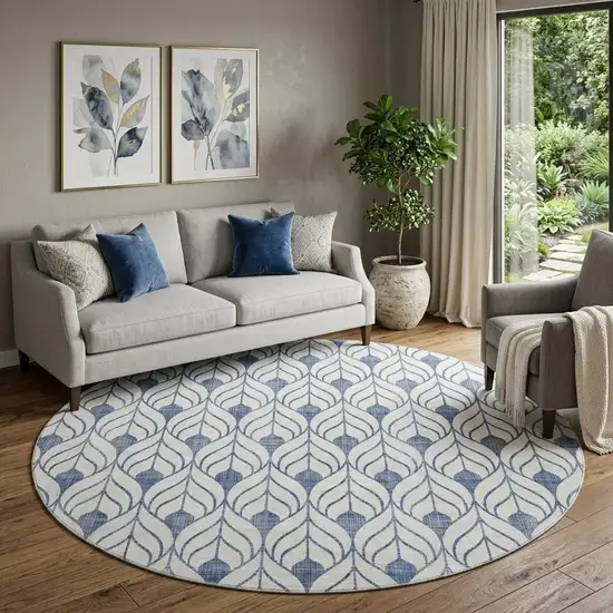 8' Blue And Ivory Geometric Washable Round Rug With UV Protection Photo 1
