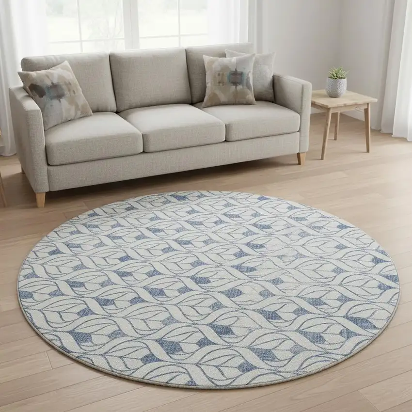 8' Blue And Ivory Geometric Washable Round Rug With UV Protection Photo 2