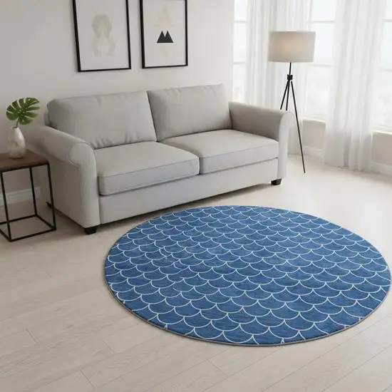 8' Blue And Ivory Geometric Washable Round Rug With UV Protection Photo 2