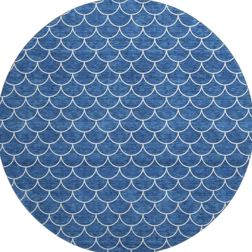 8' Blue And Ivory Geometric Washable Round Rug With UV Protection Photo 3