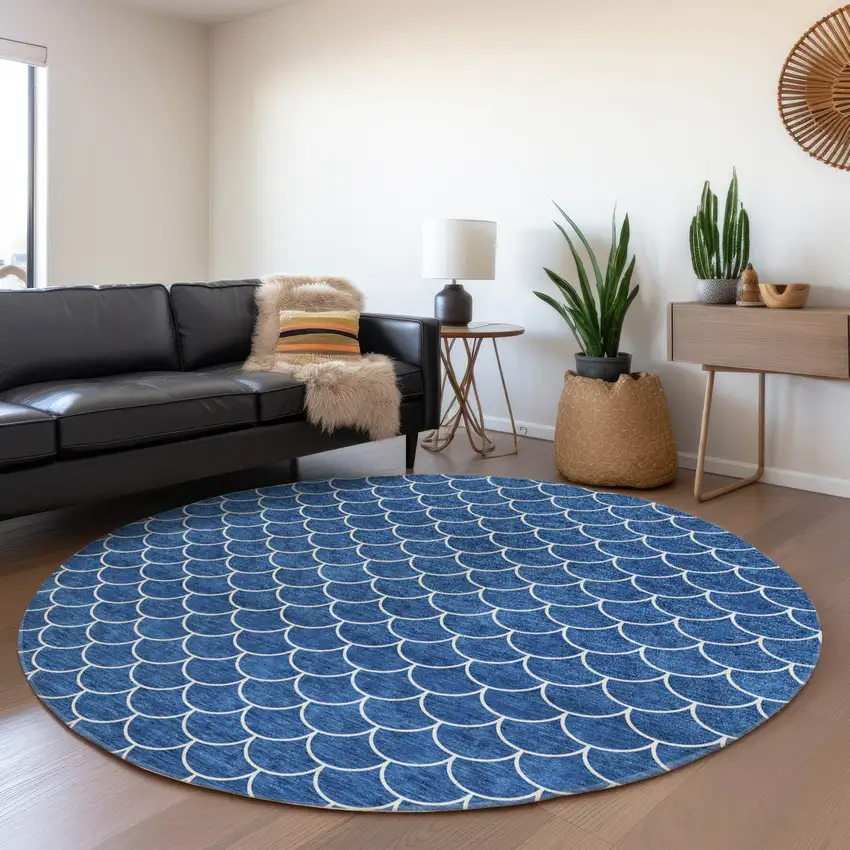 8' Blue And Ivory Geometric Washable Round Rug With UV Protection Photo 4