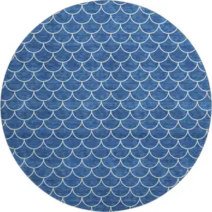 Photo of 8' Blue And Ivory Geometric Washable Round Rug With UV Protection