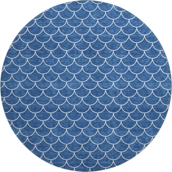8' Blue And Ivory Geometric Washable Round Rug With UV Protection Photo 1