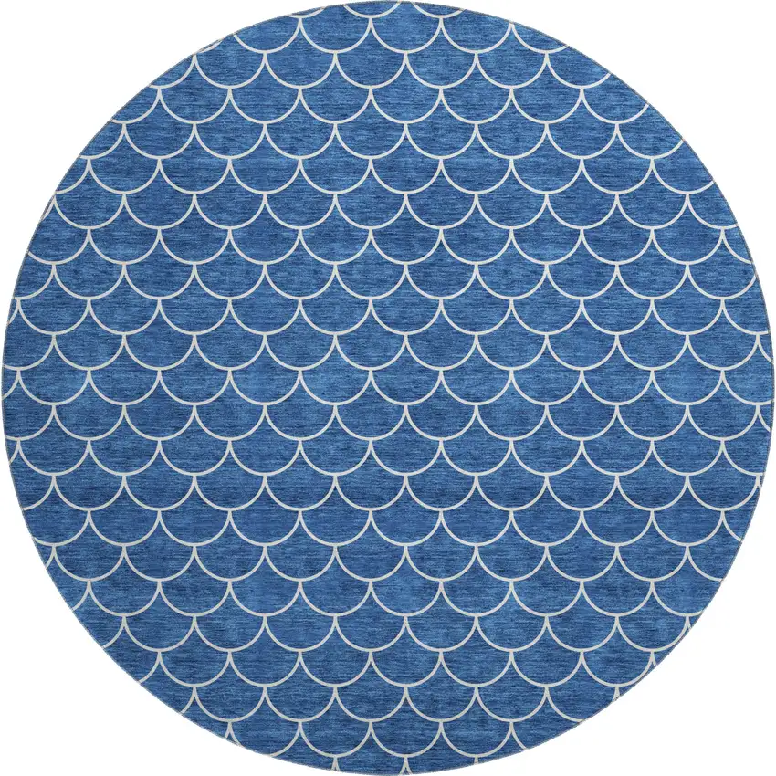 8' Blue And Ivory Geometric Washable Round Rug With UV Protection Photo 1