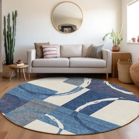 8' Blue And Ivory Geometric Washable Round Rug With UV Protection Photo 4