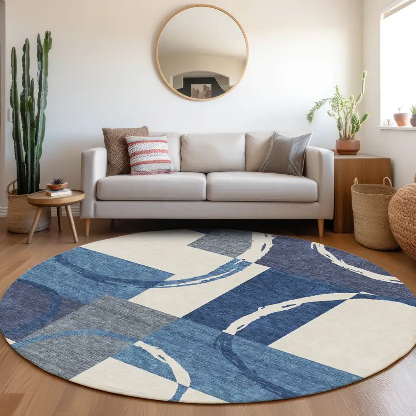 8' Blue And Ivory Geometric Washable Round Rug With UV Protection Photo 4