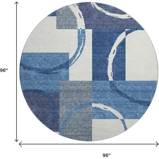 8' Blue And Ivory Geometric Washable Round Rug With UV Protection Photo 9
