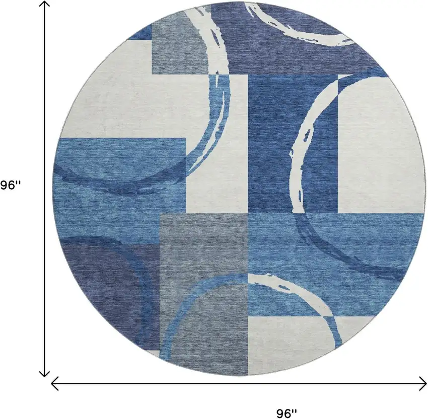 8' Blue And Ivory Geometric Washable Round Rug With UV Protection Photo 9